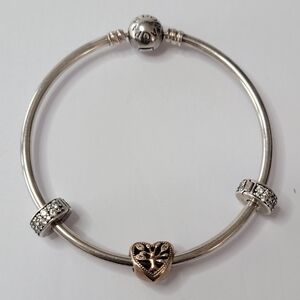 Pandora 925 Ale Sterling Silver Moments Bangle Bracelet + 3 Charms